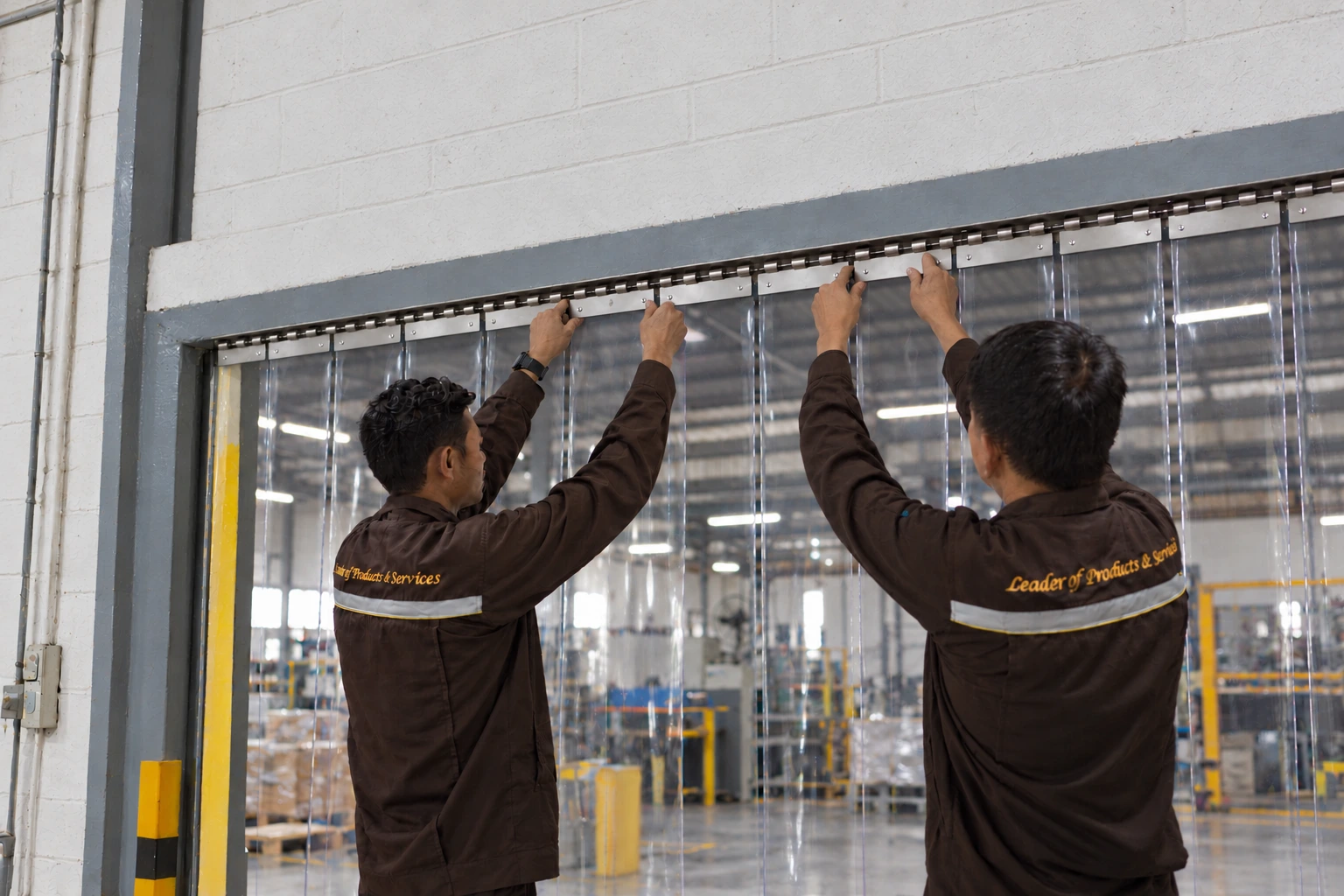 Illustration of Goldvest technicians fitting PVC strip curtain mounting plates