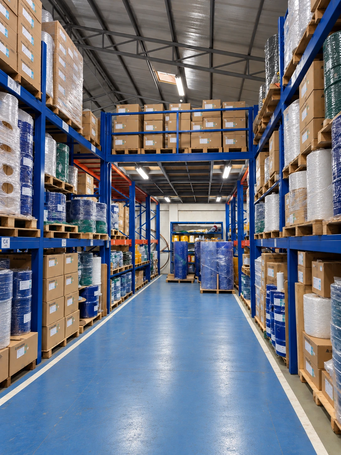 PVC rolls and boxed materials stored on warehouse racks
